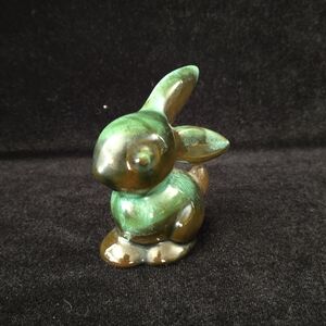 Vintage Green Pottery Bunny Figurine Gloss Glaze Rabbit Decor